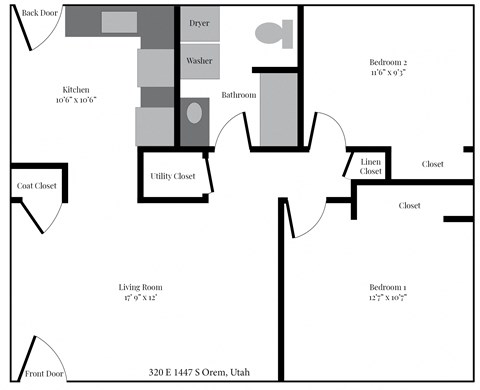Floor plan for 2 beds, 1 bath, 850 sqft
